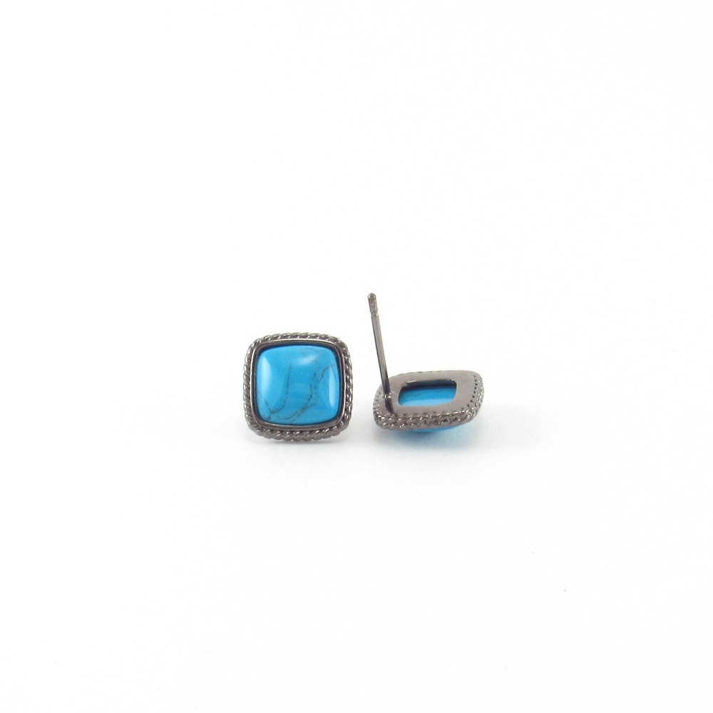 Turquoise Square Stud Earrings Gun Metal Bezel